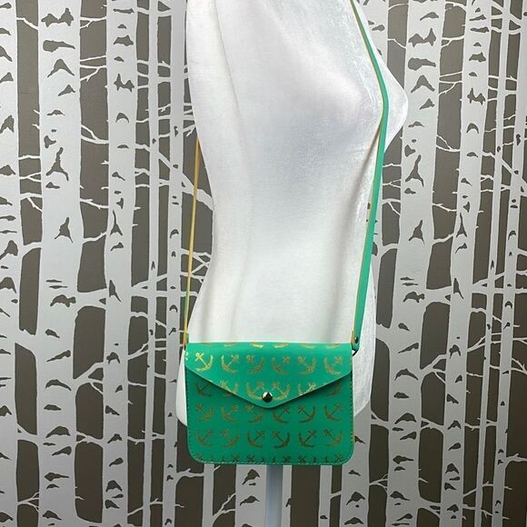 Bright Green Metallic Gold Anchor Print Coated Fabric Crossbody Bag - Picture 1 of 8